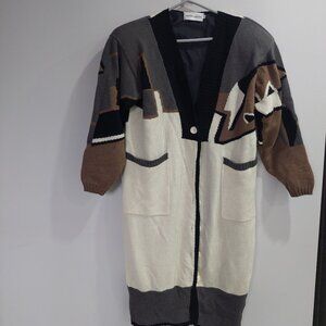 Vintage Montre Xerano Geometric Knit 100% Wool Long Cardigan Coat Size M